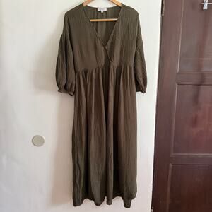 MICHAEL STARS | Olive Green Double Gauze Faux Wrap Maxi Dress | Large